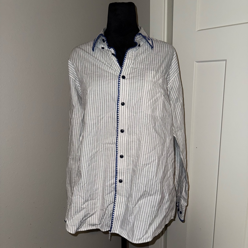 Re/Done UPCYCLED EMBROIDERED STRIPED COTTON SHIRT IN WHITE Small - Picture 3 of 7